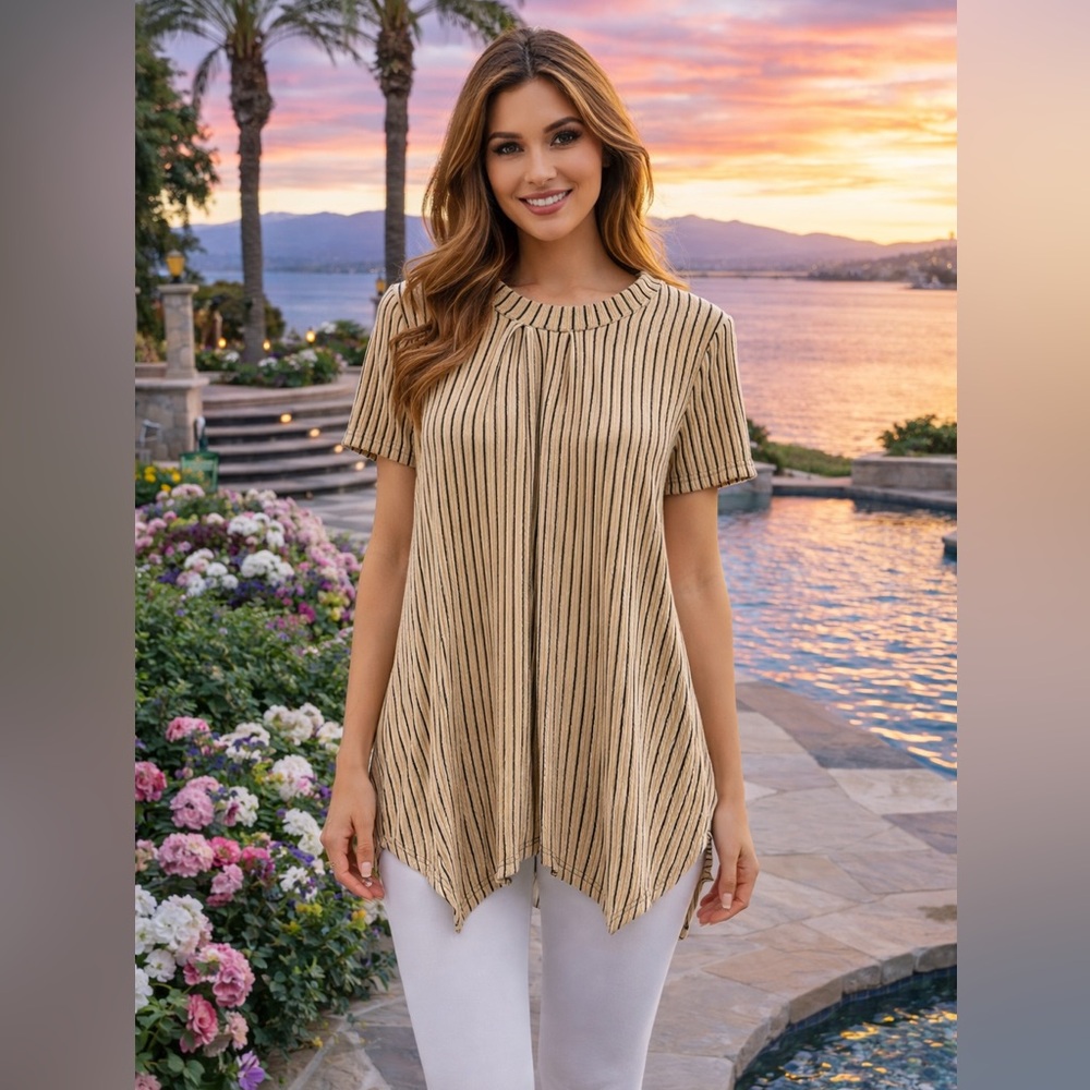 ❤️ Spring Essentials Striped Tan Short-Sleeve Swing Tunic